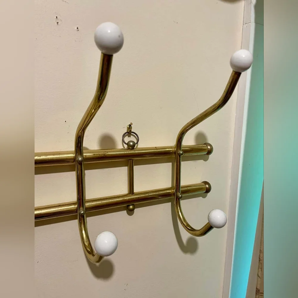 Vintage 1970s Beautiful Gold Brass Wall Mounted Coat Rack Hooks Porcelain Knobs